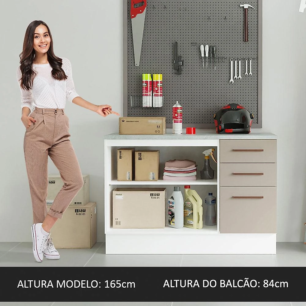 Balcão Multiuso 120cm 2 Portas 3 Gavetas Branco/Crema Agata Madesa Branco/Crema