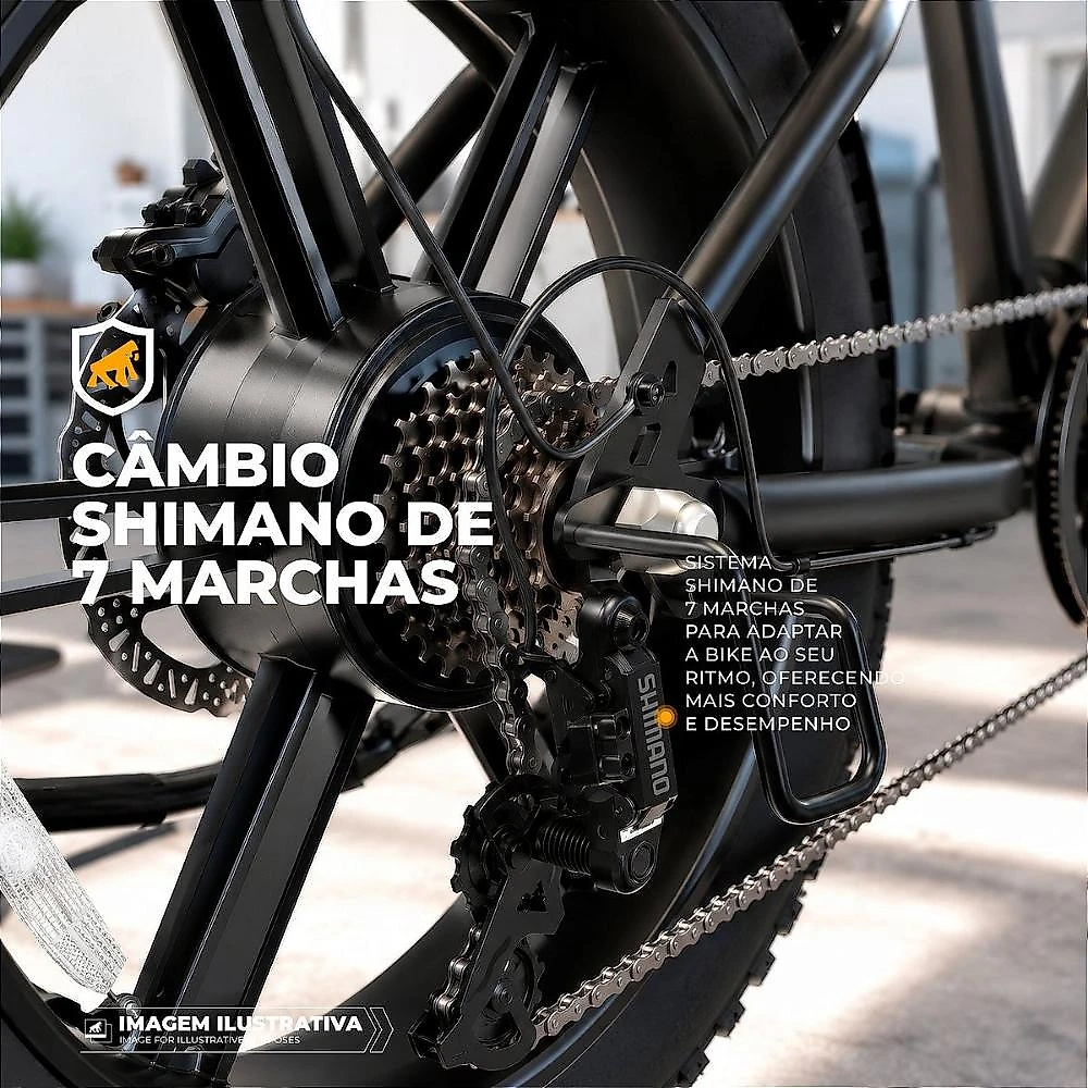 Bicicleta Elétrica 1000W Fat Tire Aro 20, Suspensão Dupla, Freios Hidráulicos, Shimano 7 Marchas e Autonomia de 65 km - Ebike - Gshield
