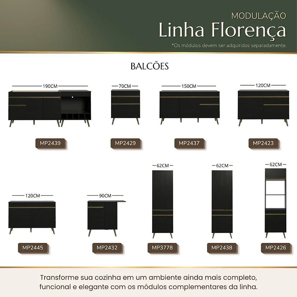 Cozinha Completa Compacta Florença 4 Portas 1 Gaveta MDP 120CM Preta Multimóveis