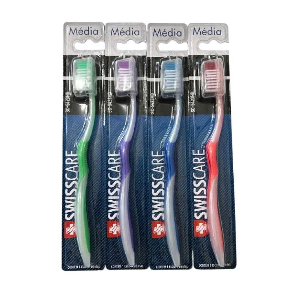 Kit Escovas de Dente Adultas Swisscare Cerdas Médias com Capinha Protetora 12 Unidades