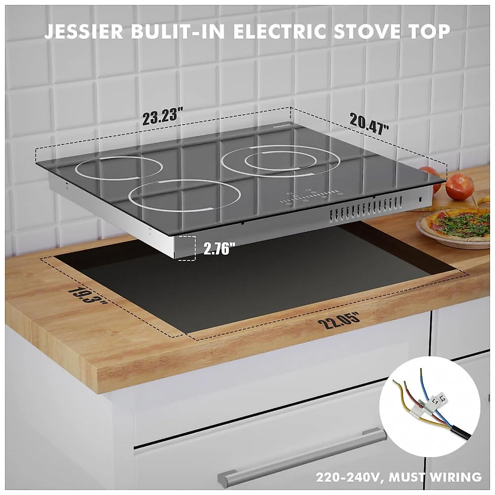 Cooktop elétrico vitrocerâmico 61cm 3 zonas Jessier 5200W touch timer trava segurança vidro preto 220V