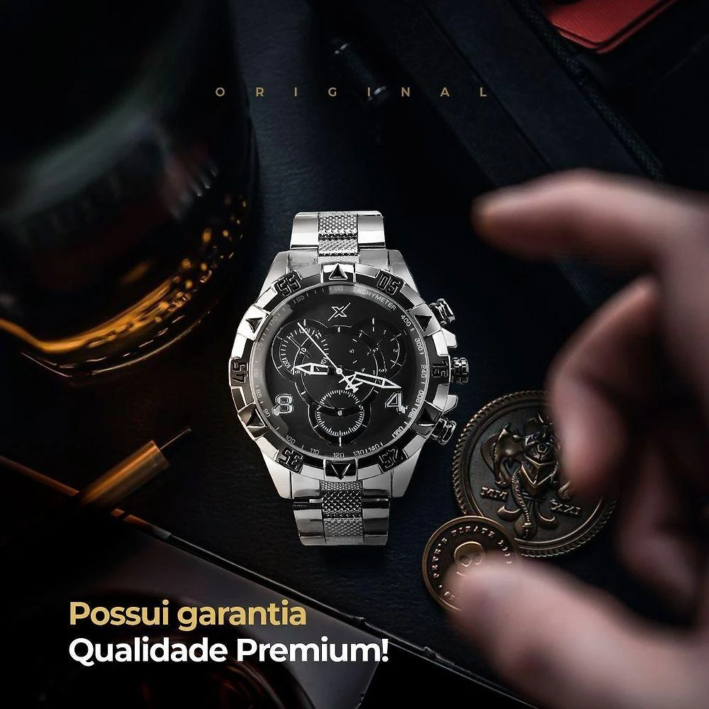 Miniatura Relogio Prata Masculino Aço Inoxidavel + Premium Caixa Grande Mostrador Preto Presente Social Casual