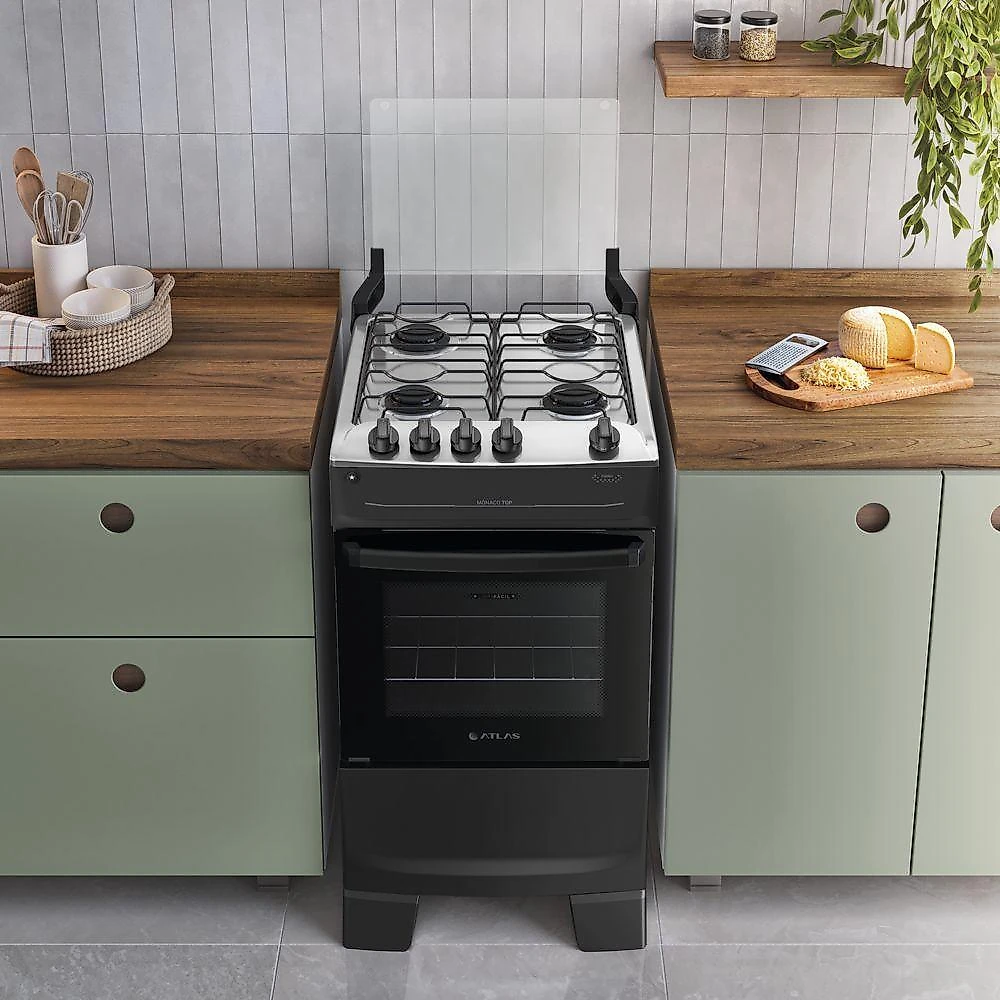Fogão 4 Bocas Atlas Mônaco Top Automático Mesa Inox Preto Bivolt