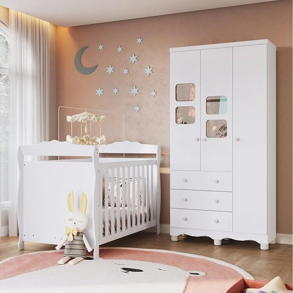 Quarto de Bebê com Guarda Roupa 3 Portas com Janelas e Berço Americano Nina 100% Mdf Espresso Móveis