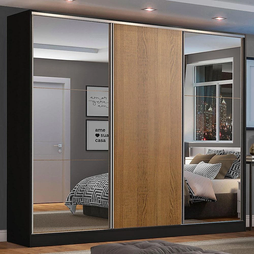 Guarda roupa casal 100% mdf madesa zurique 3 portas de correr com espelhos - preto/rustic