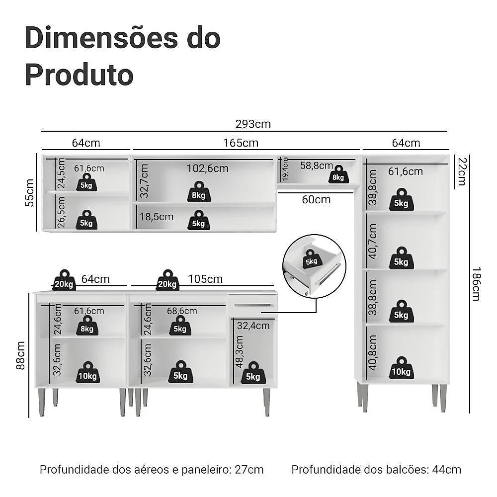 Armário De Cozinha Completa 293cm Branco Emilly Madesa 011