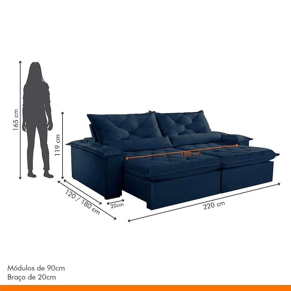 Sofá Retrátil e Reclinável 4 Lugares 220cm Diamond Super Pillow Montano Estofados Veludo Marinho