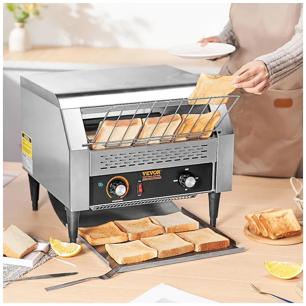 Torradeira Comercial de Esteira VEVOR 1770W, 450 Fatias por Hora, Forno Elétrico Robusto, Correia de Aço Inoxidável 304 para Alimentos, Controle Duplo