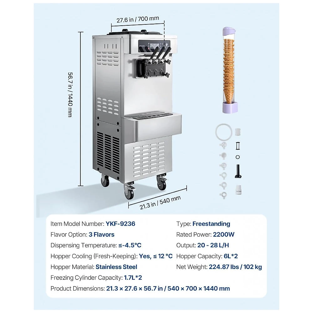 Máquina de Sorvete Soft Serve VEVOR YKF-9236 3 Sabores 20-28L/h Pré-Resfriamento Comercial 2200W