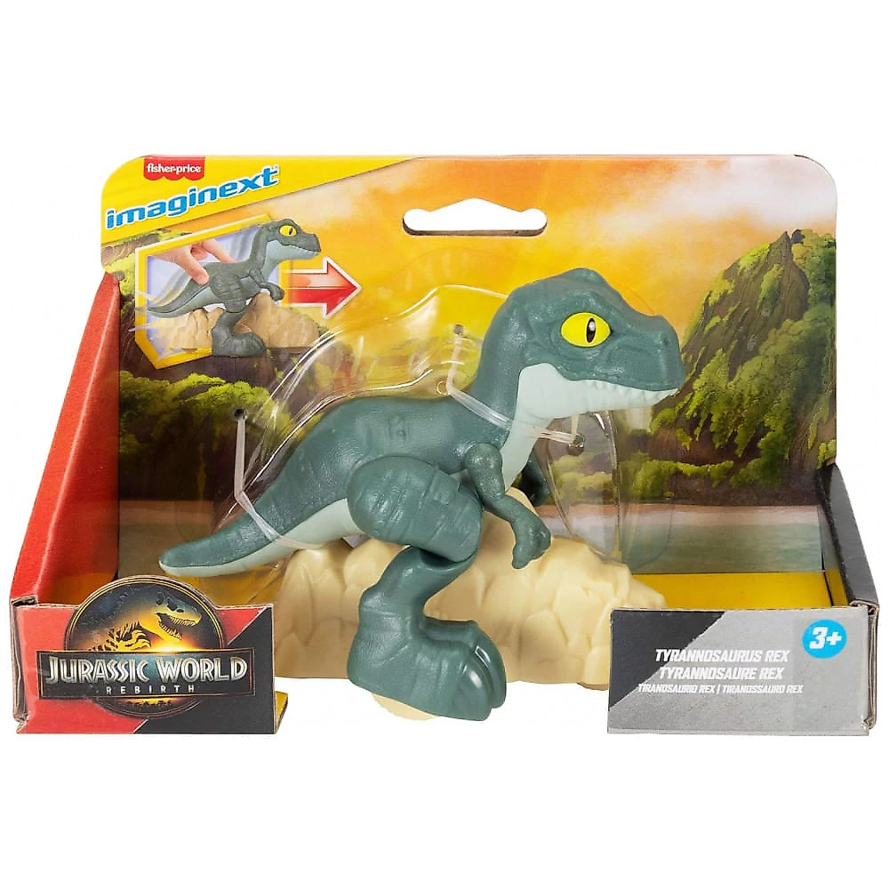 Fisher-Price Imaginext Jurassic World Rebirth Tyrannosaurus Rex dinossauro de empurrar 14 cm com rodas e movimento articulado