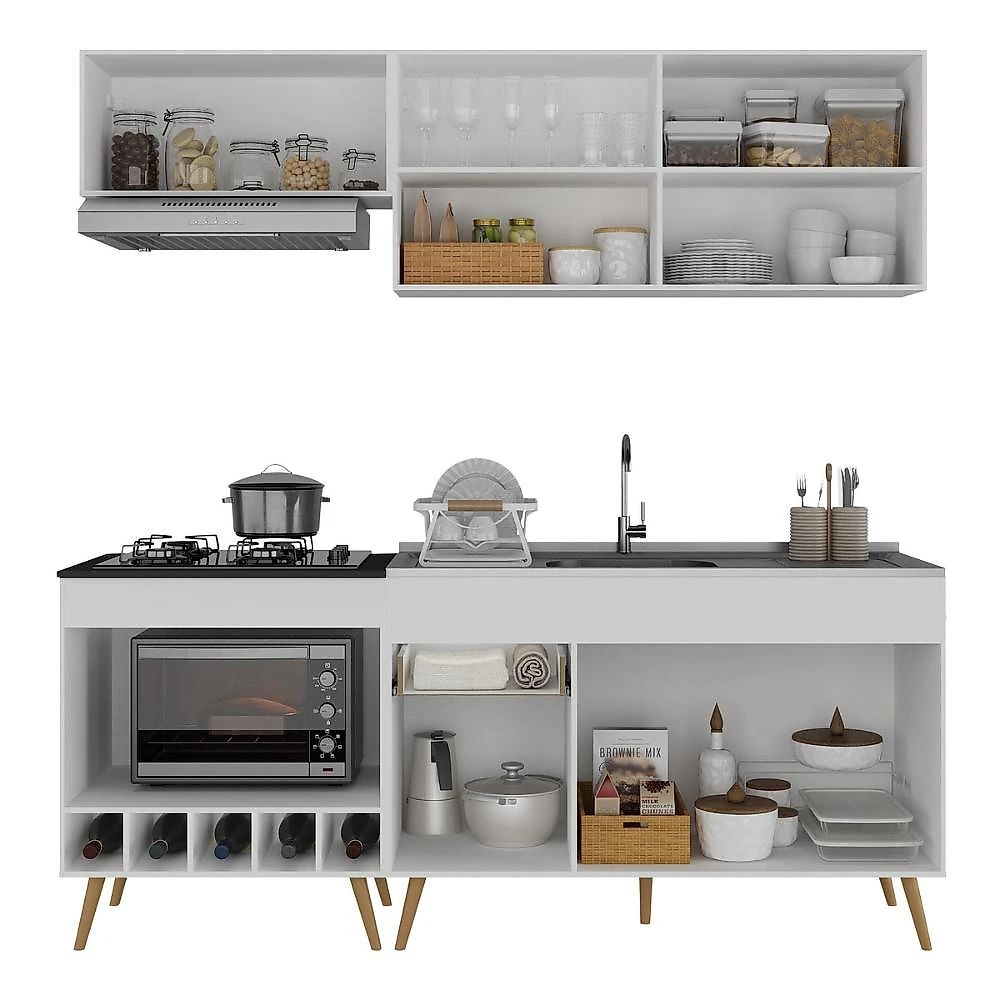 Miniatura Armário Cozinha Modulada Compacta c/ Gabinete p/ Pia e Balcão p/ Cooktop Veneza Multimóveis MP3775 Branco/Dourado