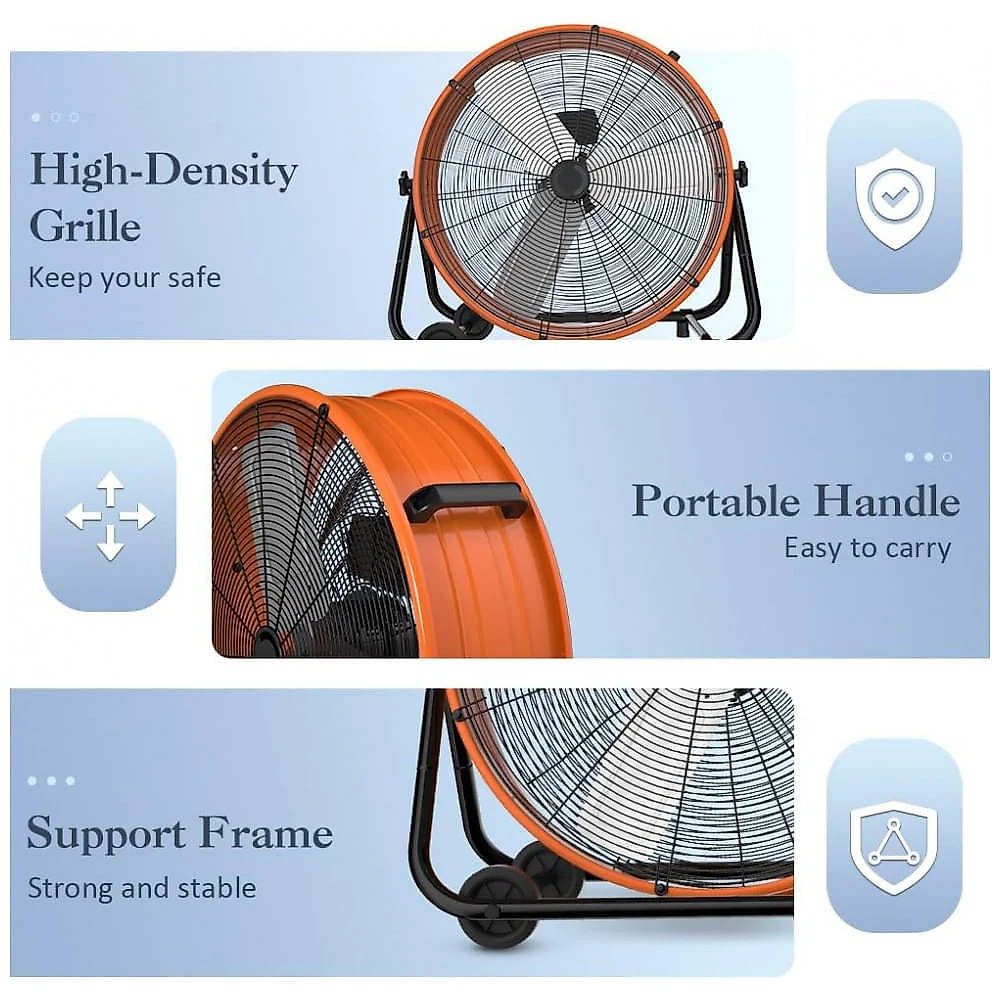 Ventilador Industrial de Tambor LifePlus 61 cm Laranja, Alta Velocidade 8900 CFM, 3 Velocidades, Inclinação Ajustável 360°, Modelo 24 in drum fan