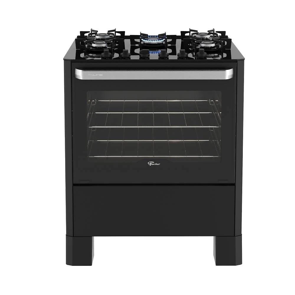 Fogão fischer fit line 5 bocas preto mesa de vidro e trempe iron bivolt