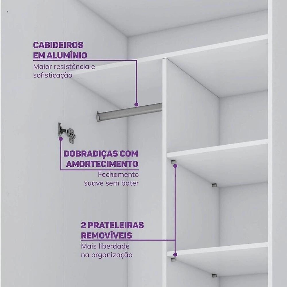 Conjunto Dormitório com Cama Montessoriana Casal e Guarda-roupa Modulado com Led Wave Casatema Branco/Natural