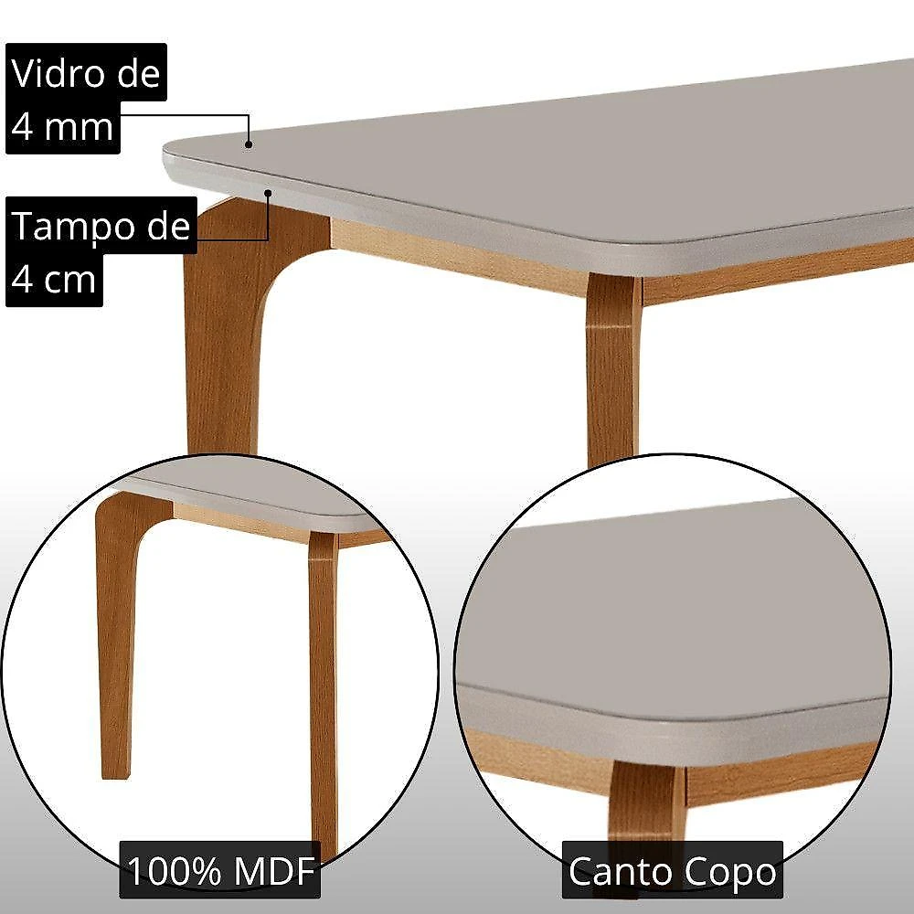 Mesa de Jantar Liz com 6 Cadeiras Lira 6 Lugares Tampo em MDF com Vidro Veludo Capuccino Nat Off