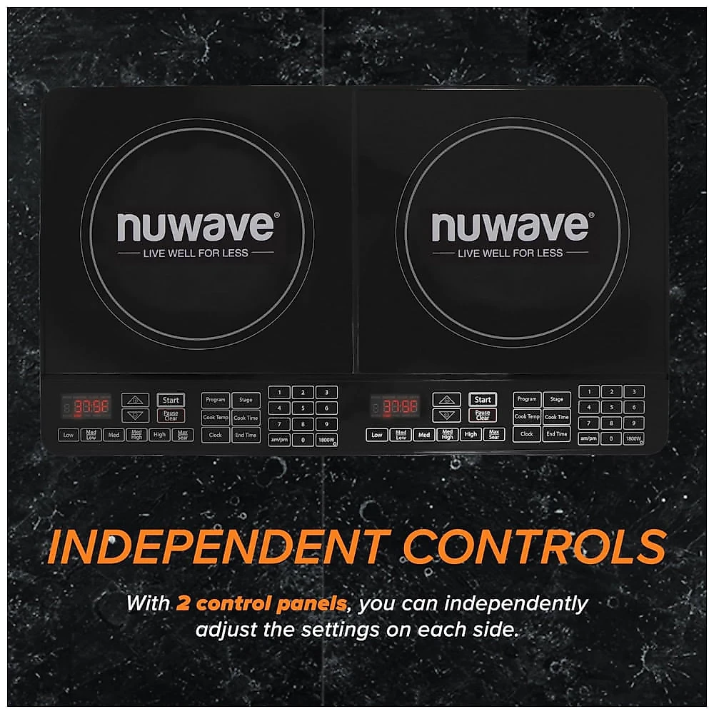 Cooktop de Indução Portátil Nuwave Double, 900-1800W, 37,8ºC a 301,67ºC, Bobina de Aquecimento, Vidro Cerâmico à Prova de Estilhaços