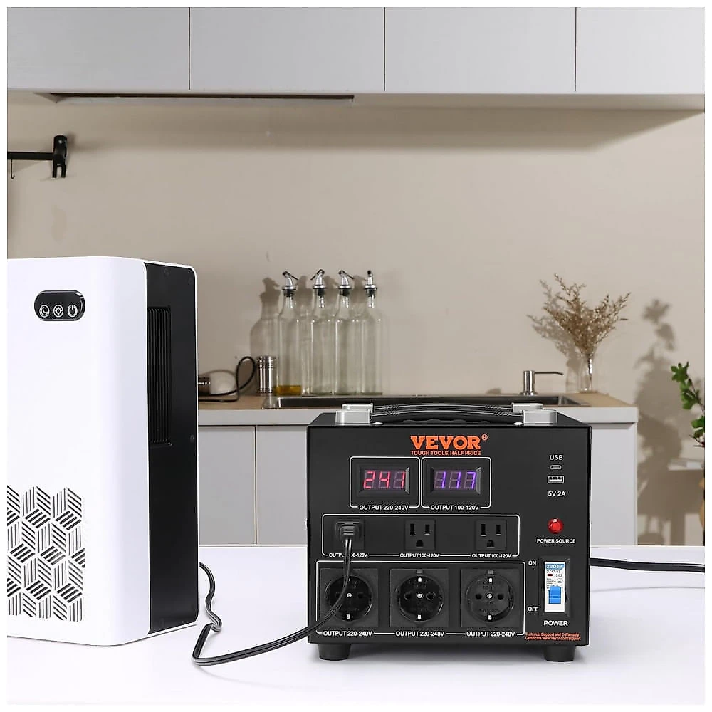 Transformador (Conversor) de Voltagem VEVOR 3000W Elevação/Redução 110V para 220V/220V para 110V 3 US 3 EU USB Type-C 2 LED CE ETL FCC SV-3000VA.