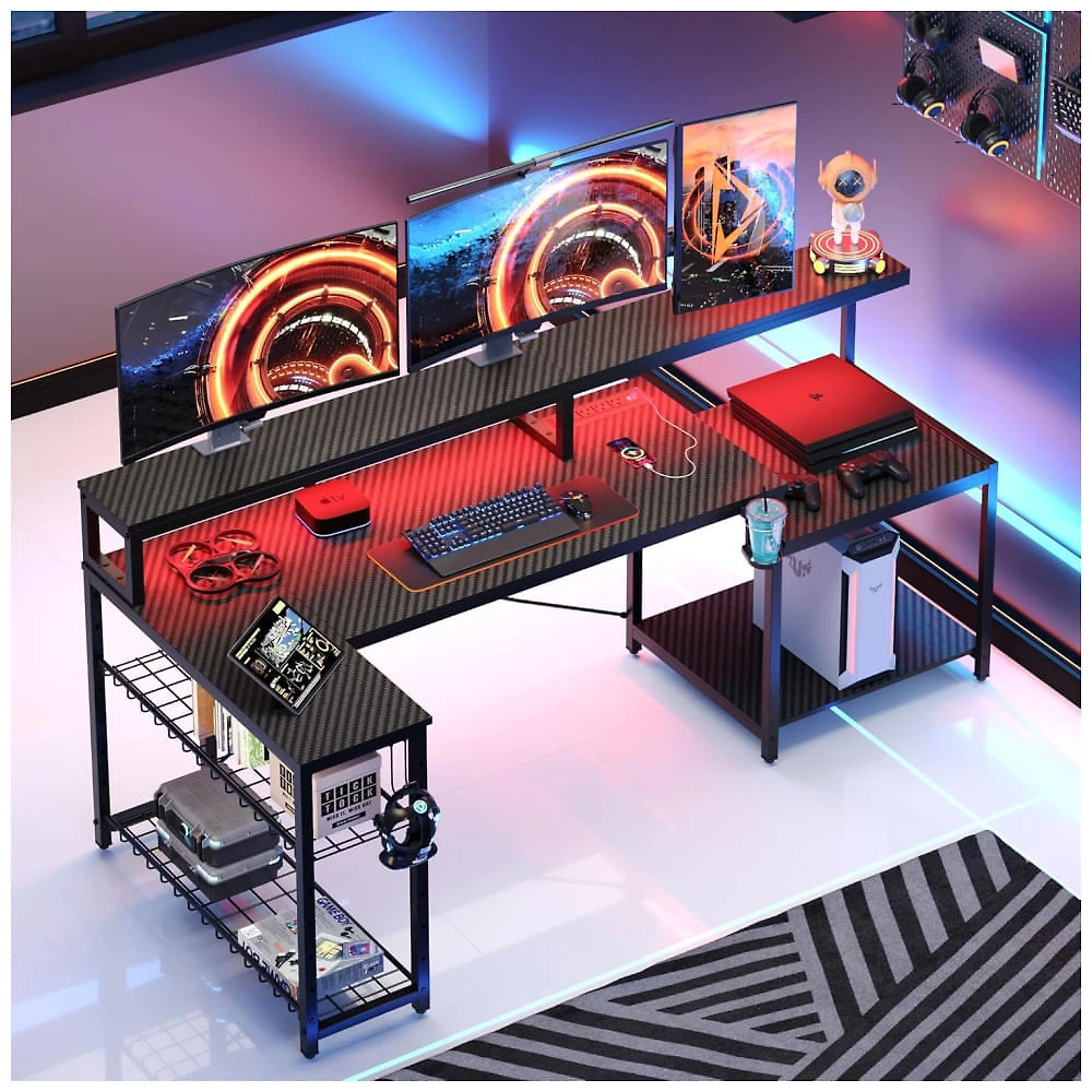 Mesa Gamer em Formato de L, 71.5" 181 cm com Prateleiras de Armazenamento, Porta-Copos, Gancho para Fone de Ouvido e Tomadas, 110V, Bestier, Preto