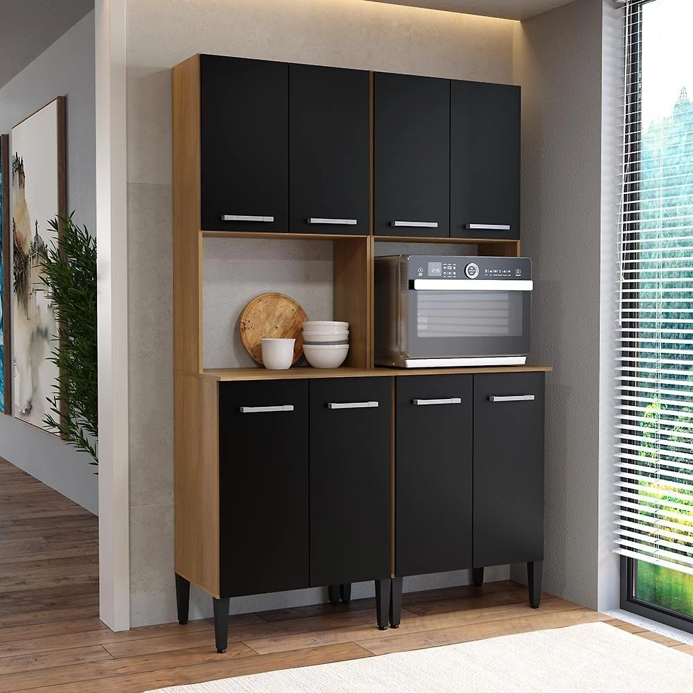 Cozinha Arizona 8 Portas sem Gavetas MDF MDP 120,0CM Carvalho com Preto Móveis Carraro