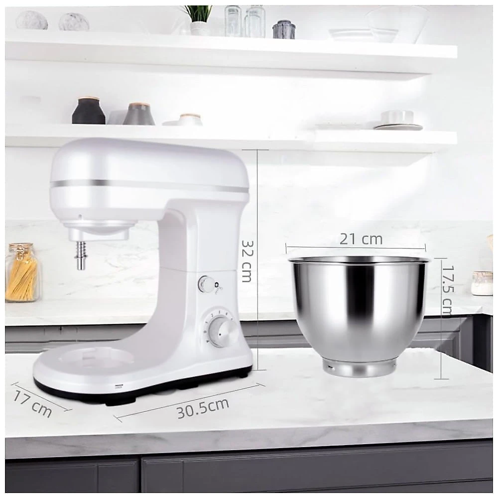 Mixer MURENKING 4,7L, 6 Marchas, Recipiente Inox, 300W, Batedor de Massas, Pás e Batedor, Forno Elétrico Doméstico - Branco