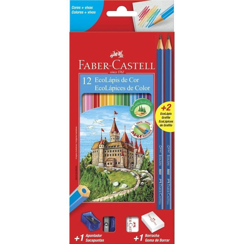 Kit Lápis de Cor Faber-Castell Ecolápis Sextavado 12 Cores com Grafites e Apontador