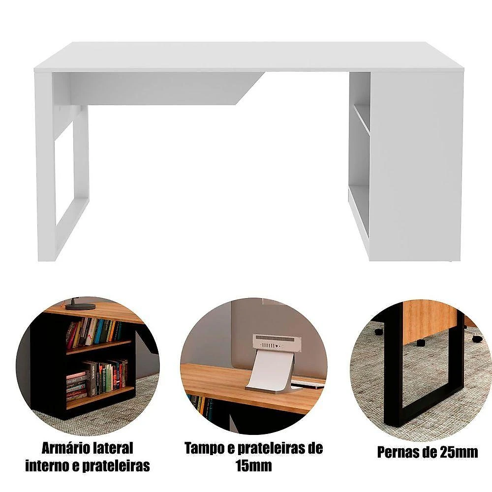 Mesa para Escritório Retangular com Armário Lateral 160CM Moderno MDP Branco Tecnomobili
