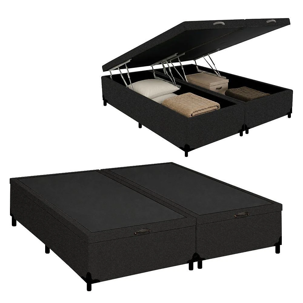Cama Box Queen Bipartido Suede Preto Royal Sleep