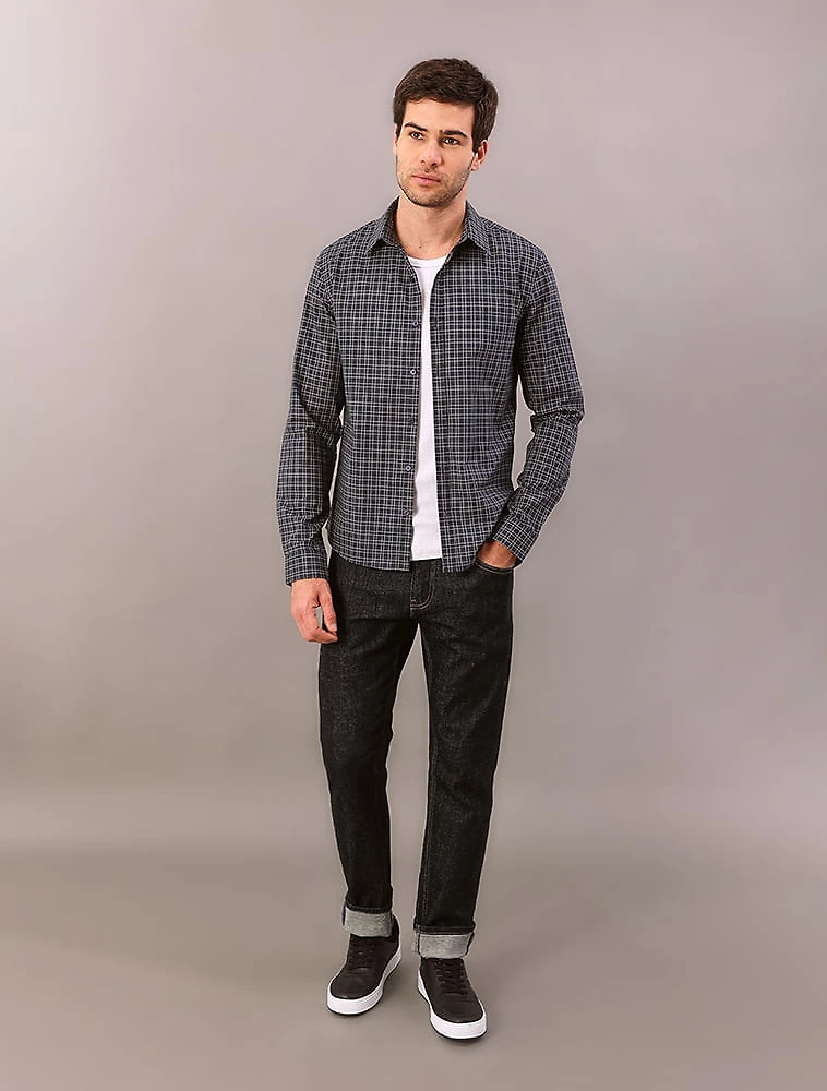 Camisa Manga Longa Masculino Slim Cotton Check - Marinho