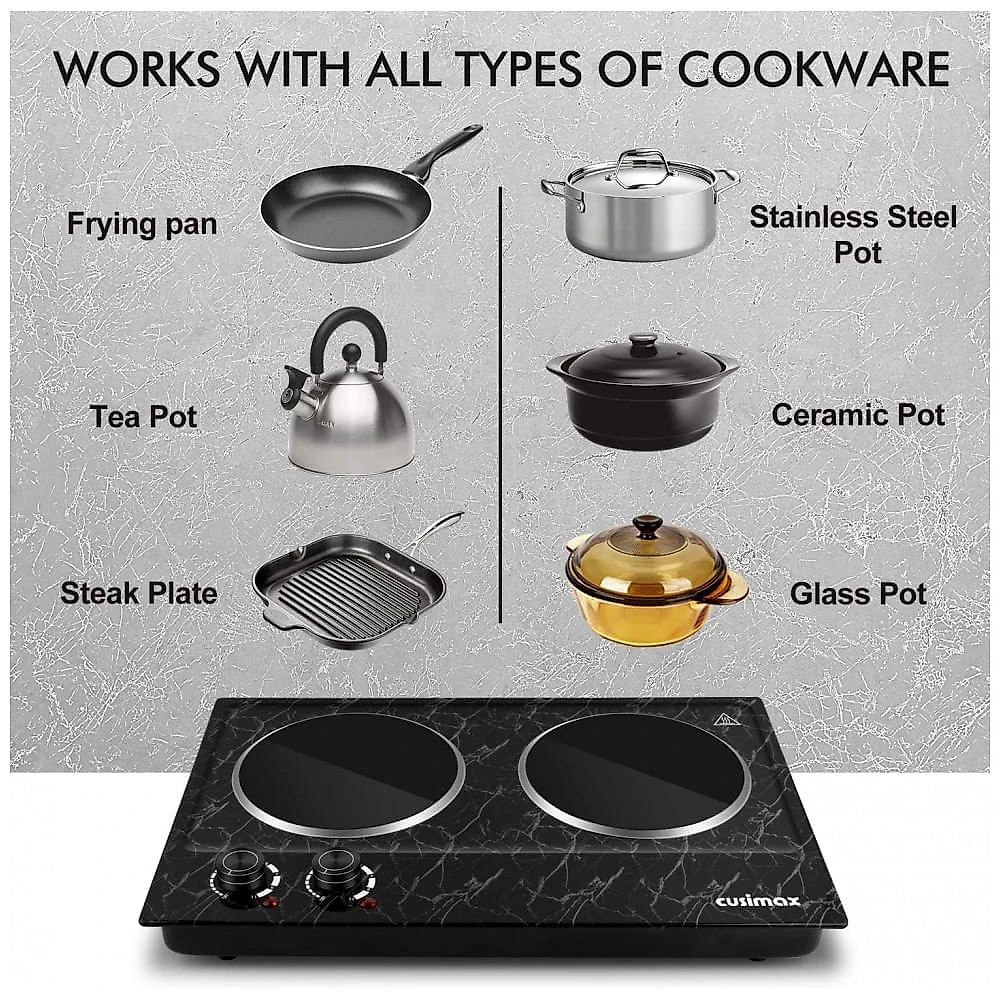Cooktop Elétrico Portátil de Bancada com 2 Queimadores e Controle Duplo, 110V 1800W, Cusimax, Preto