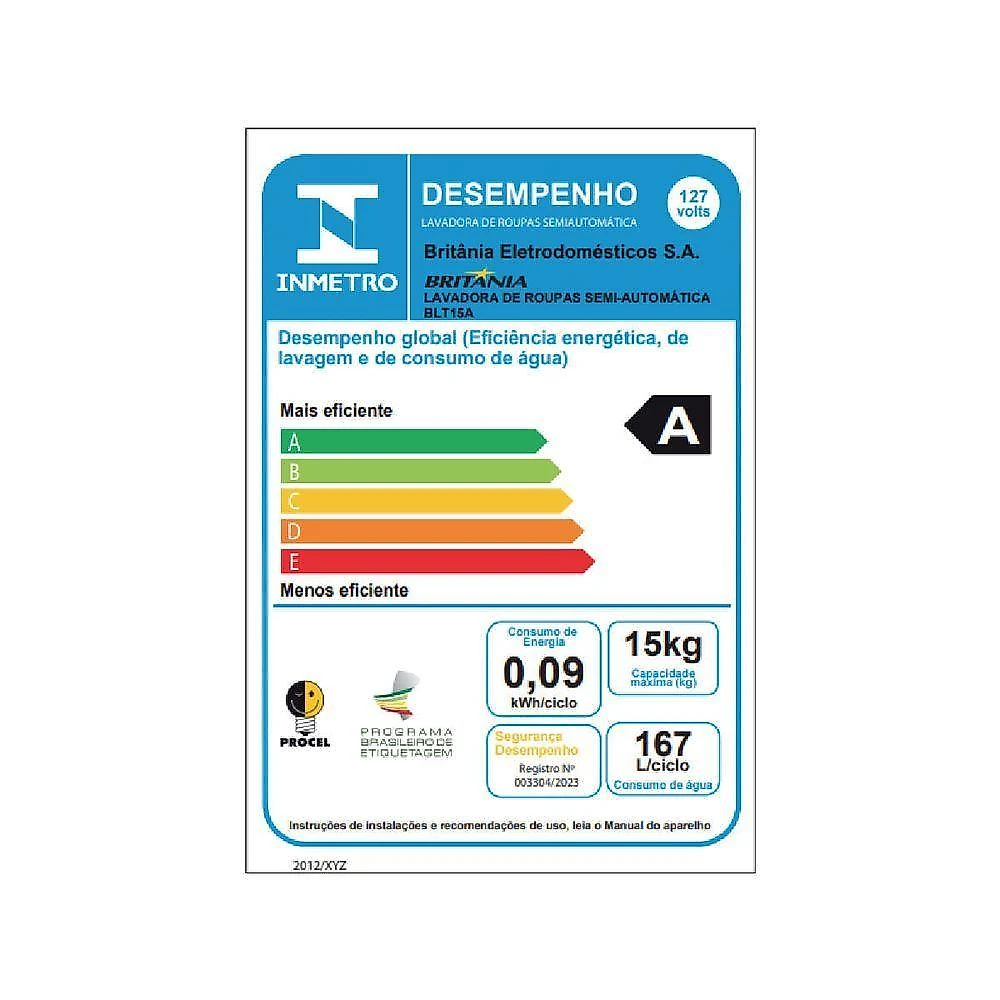 Tanquinho de Lavar Roupa Britânia BLT15A 15kg Semiautomática Função Edredom Branco 110V