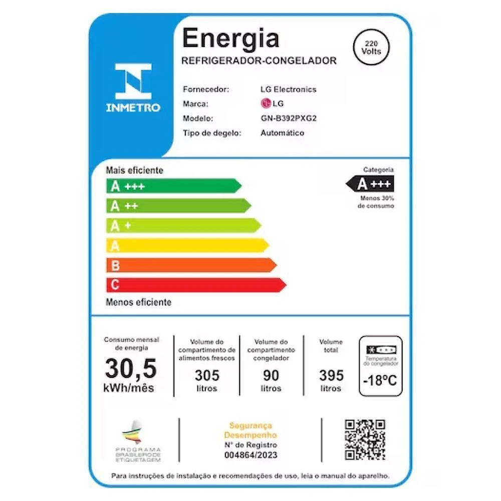 Geladeira LG Duplex Frost Free Inverter 395L GN-B392PXGB Preto 110V