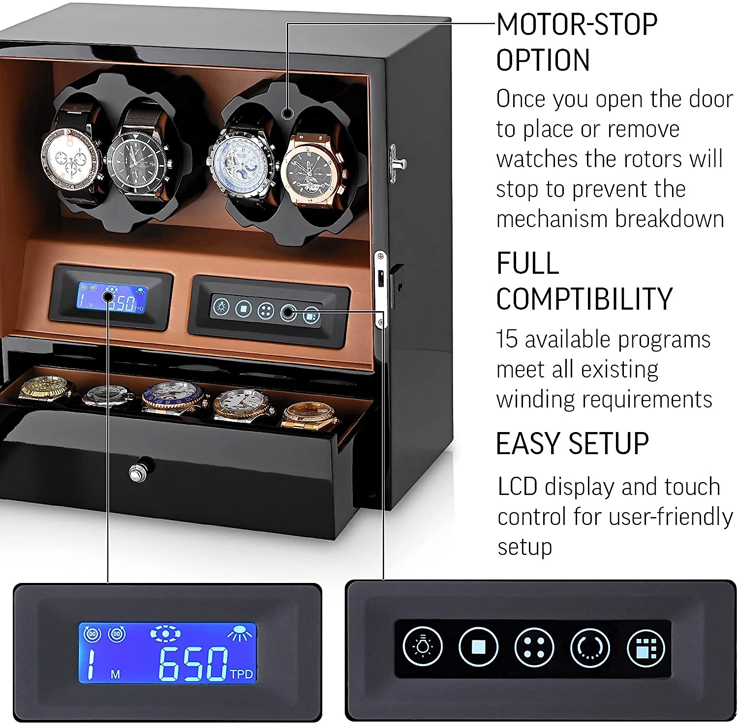 WATCH WINDERS CaixaEstojo Rotativo Automático para Relógios c om Luz e Painel de Controle 4 Lugares Preto