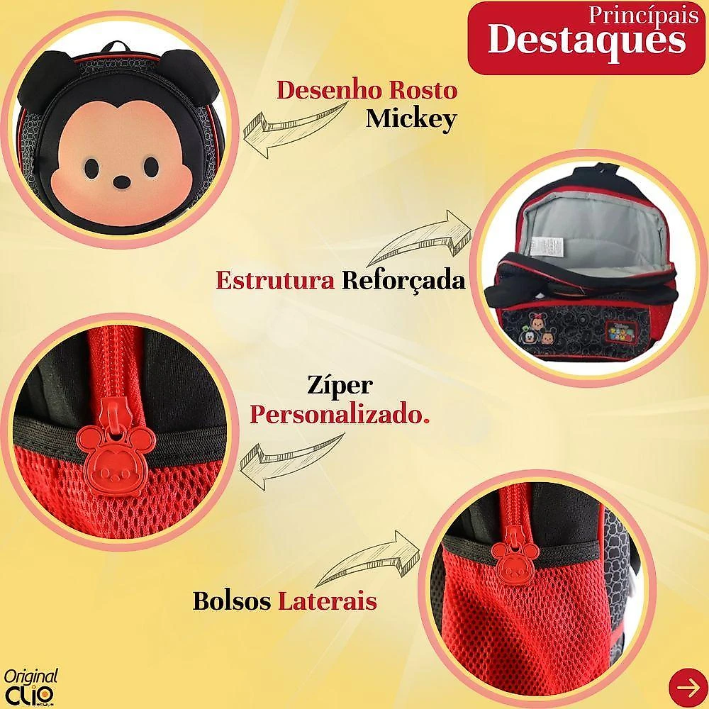 Mochila Escolar Infantil Costas Mickey Orelhinhas 3d Resistente Diversos Compartimentos Alças Acolchoadas Qualidade