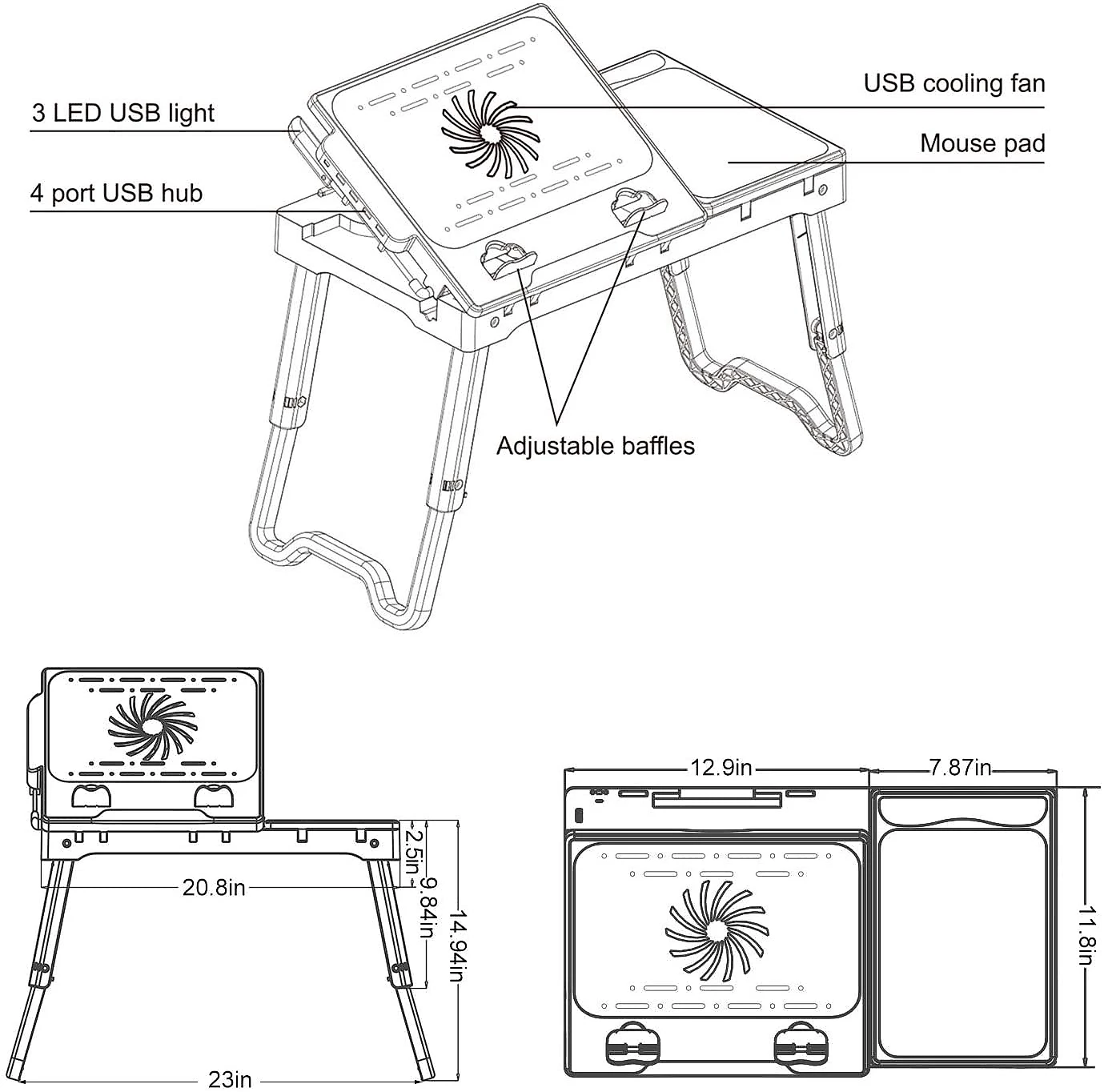 Mesa para laptop para cama com ventilador com pernas dobráveis Bandeja com luz LED 4 portas USB armazenamento mouse pad