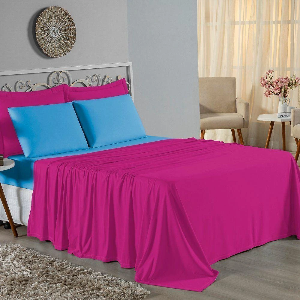 Jogo De Cama Solteiro Nobre 3 Peças Lençol Com Elástico De 30cm De Altura Malha 100% Algodão - Pink / Turquesa
