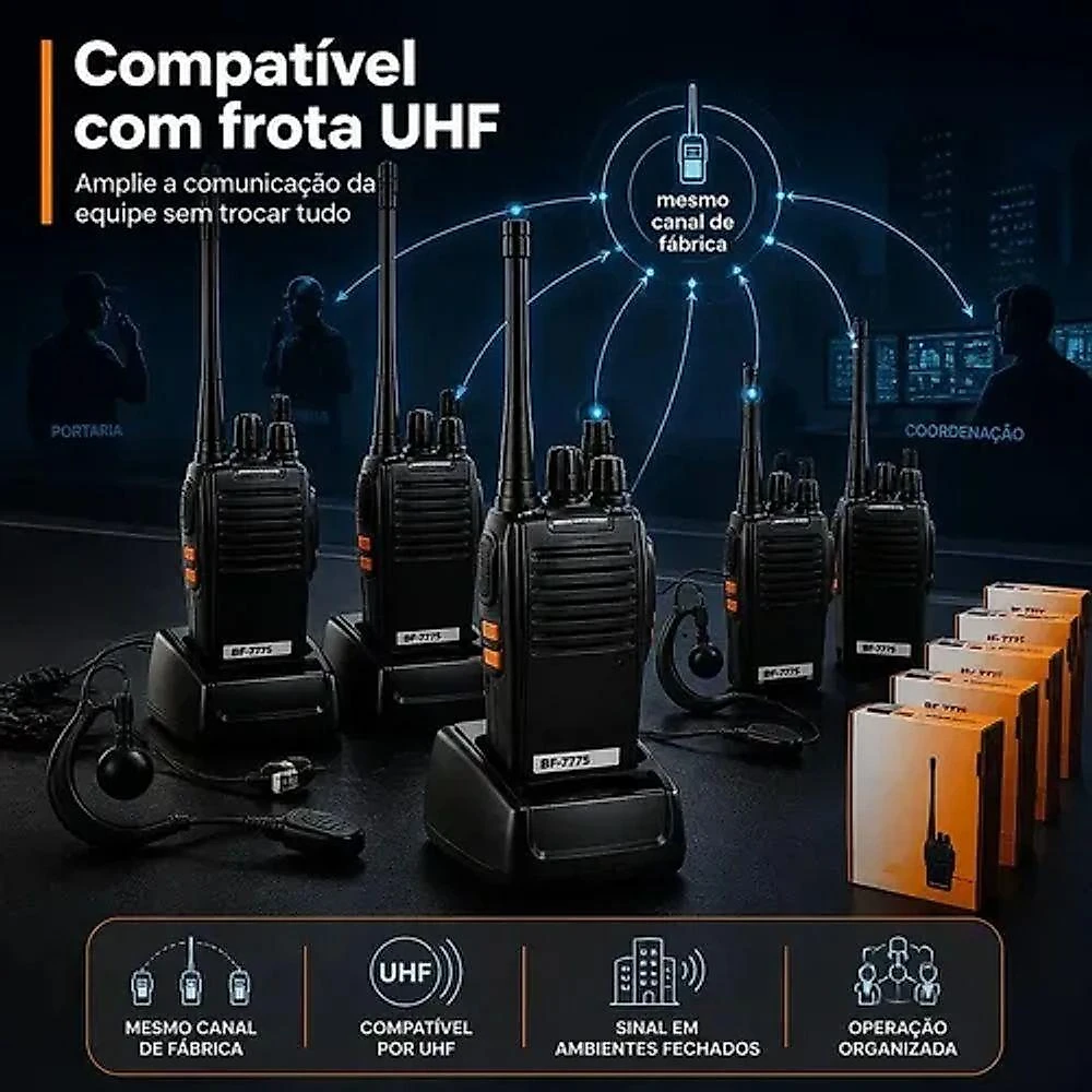 Rádio Comunicador B-Max Baofeng BF777S UHF 400-470 Mhz 16 Canais 5W Alcance 12 Km VOX Preto Kit 10