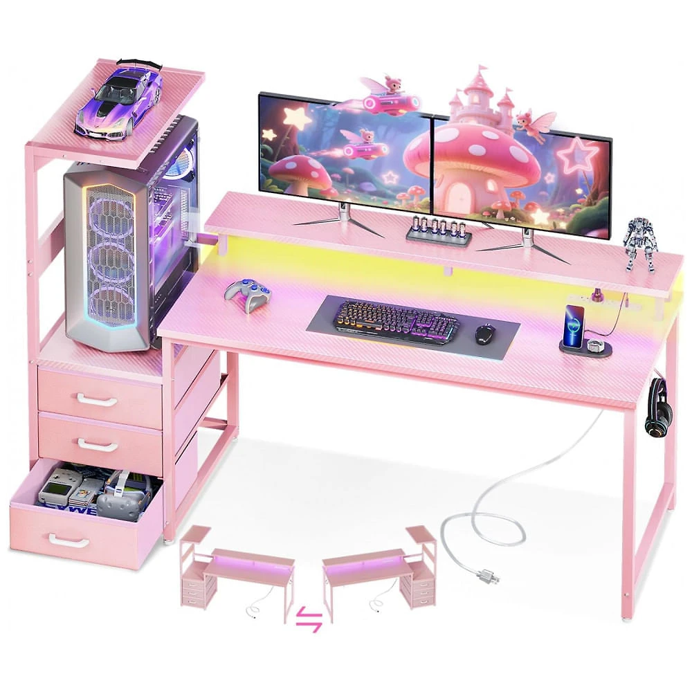 Mesa Gamer Reversível AODK 150 cm Fibra de Carbono Rosa com Luzes LED, Tomadas USB, 3 Gavetas de Tecido e Suporte para Monitor