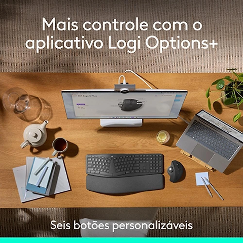 Mouse sem Fio Logitech Trackball MX Ergo S,  Bluetooth e USB Logi Bolt, 6 Botões Programáveis com Ajuste de Ângulo, Preto - 910-007261