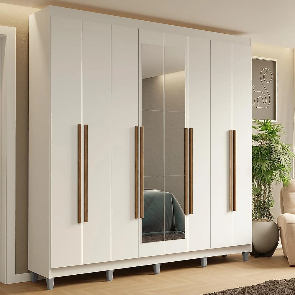 Guarda-roupa casal com pés 8 portas batentes com espelho saturno madesa branco/branco/preto