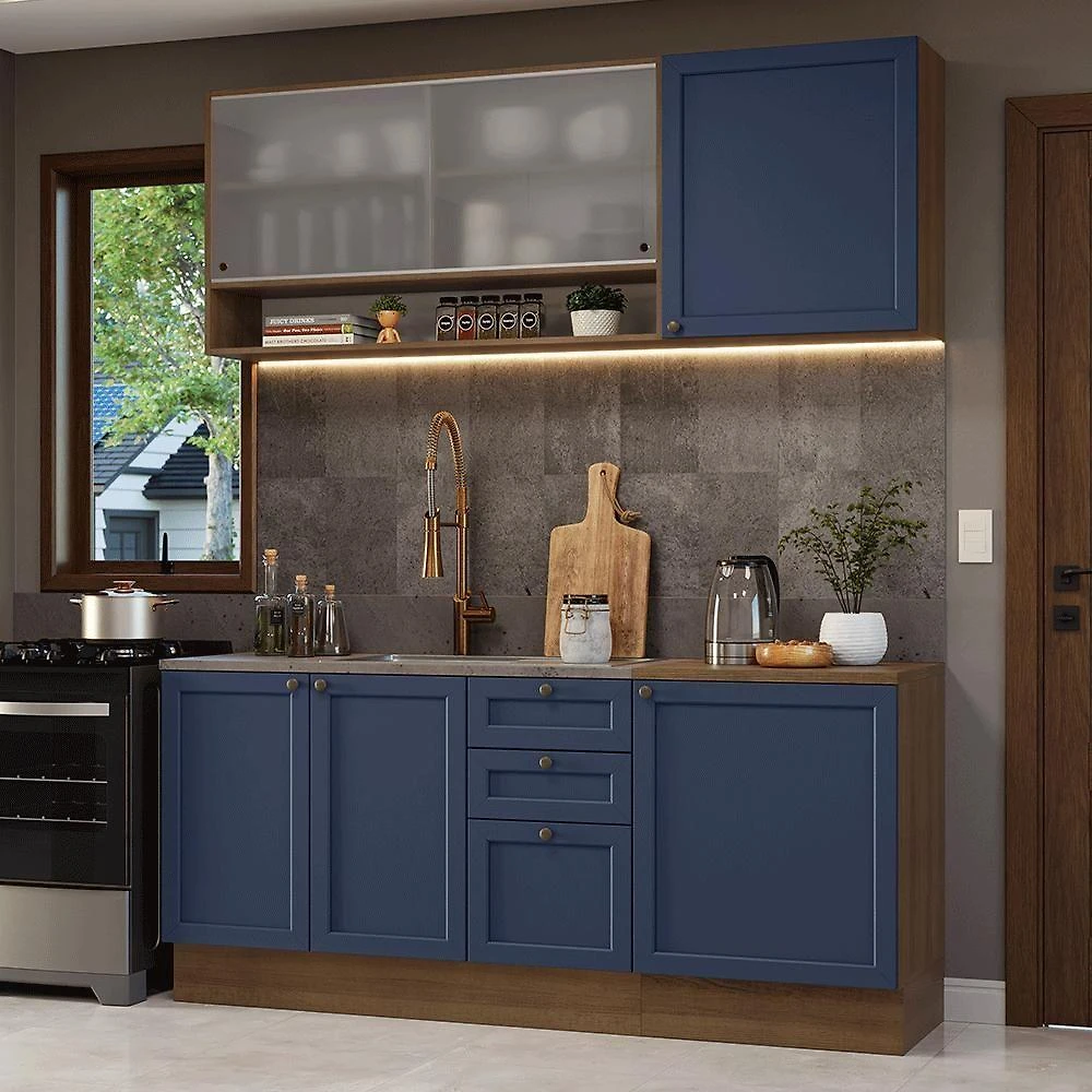 Armário De Cozinha Compacta 180 Cm Rustic-azul Vik Madesa 03 Rustic-azul