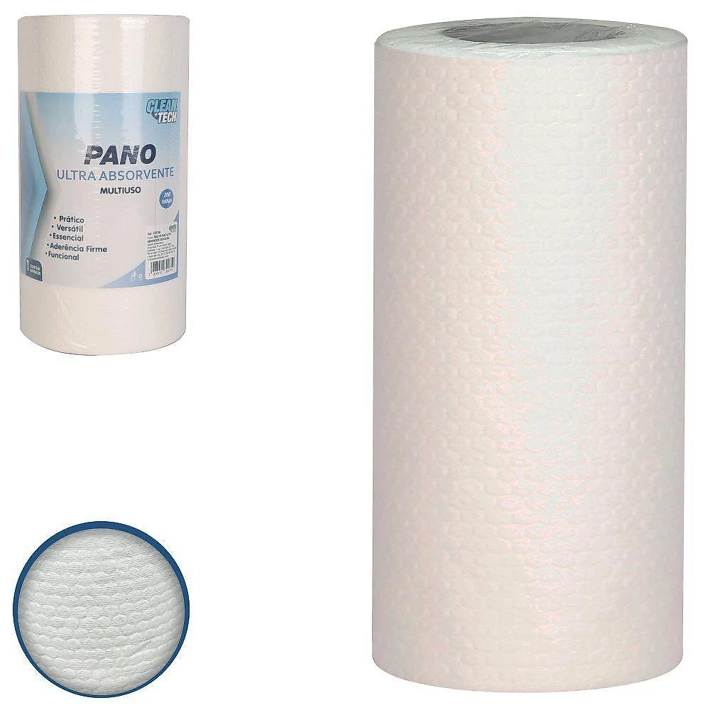 Rolo de Pano Ultra Absorvente Multiuso 200 Folhas em Pp com Polpa de Madeira Clean Tech