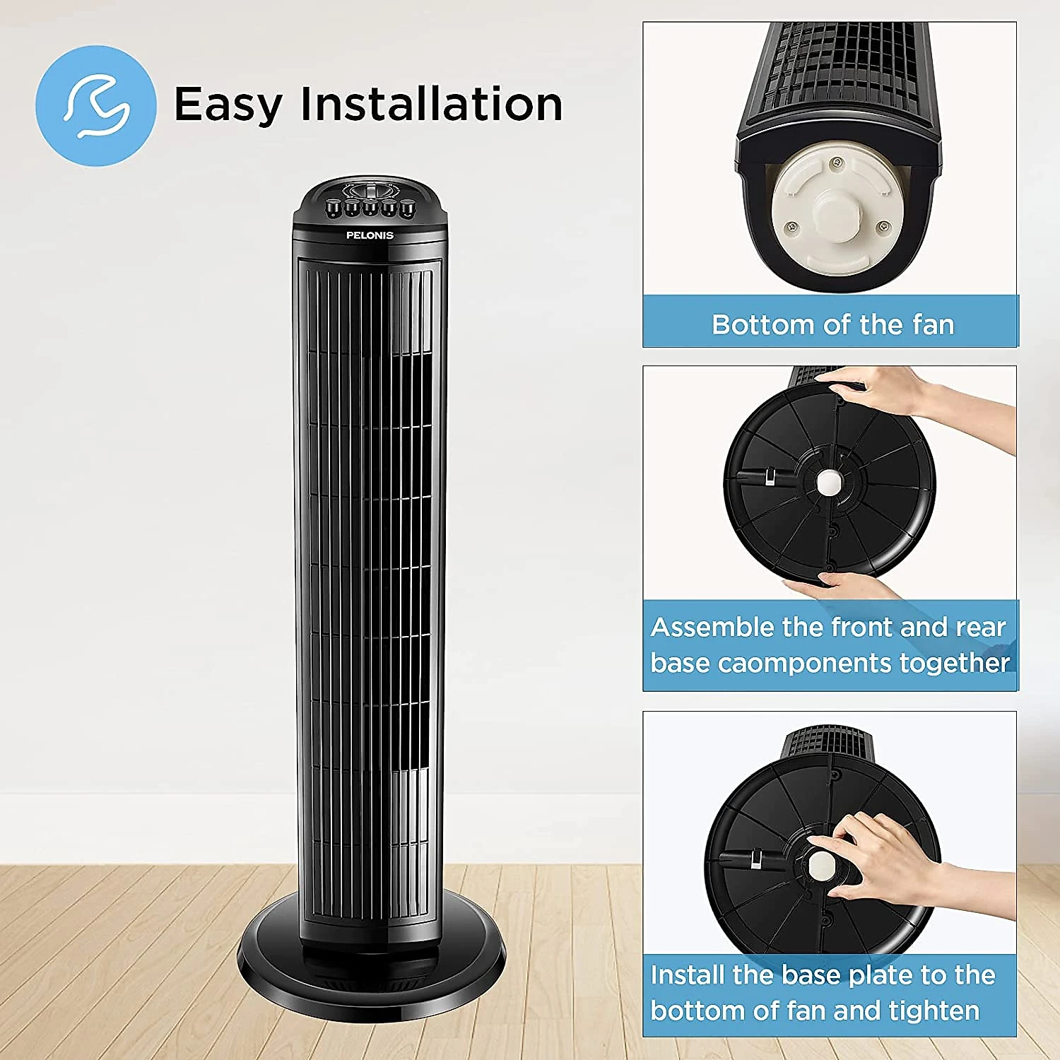 PELONIS 30 Inch Oscillating Tower Fan with 3 Speed Settings and Autooff Timer Standing Fan PFT28A2BBB Black