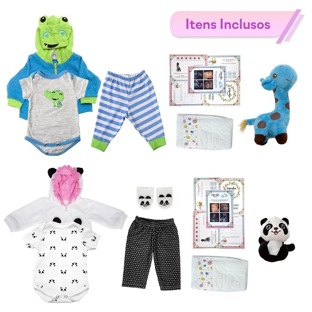Miniatura Bebe Reborn Gêmeos Casal Pandinha Girafinha Baby Com Itens