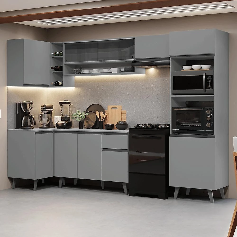 Armário de cozinha completa de canto 385cm cinza nice madesa 04