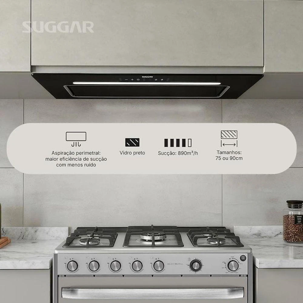 Coifa de Embutir Suggar TP9001PT 90CM Vidro Preto Painel Touch LED 110V