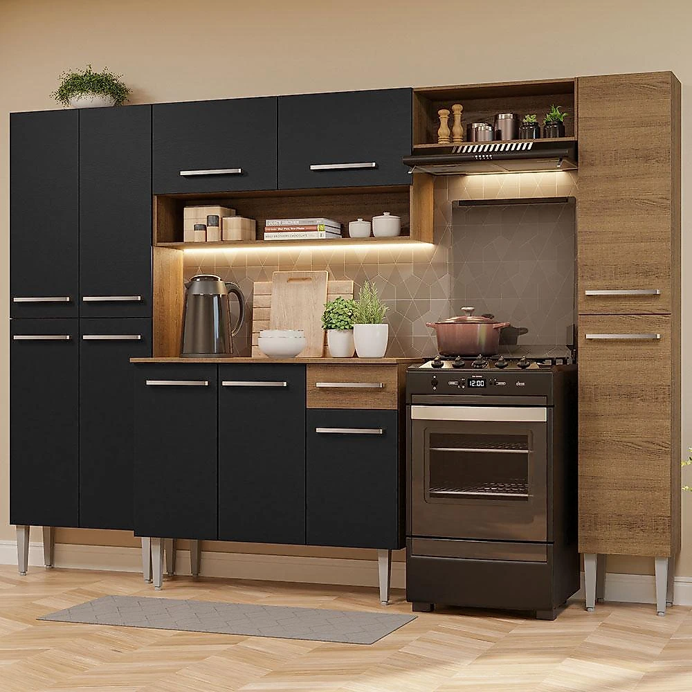 Armário de cozinha completa madesa emilly hit com balcão 11 portas 1 gaveta - rustic/preto