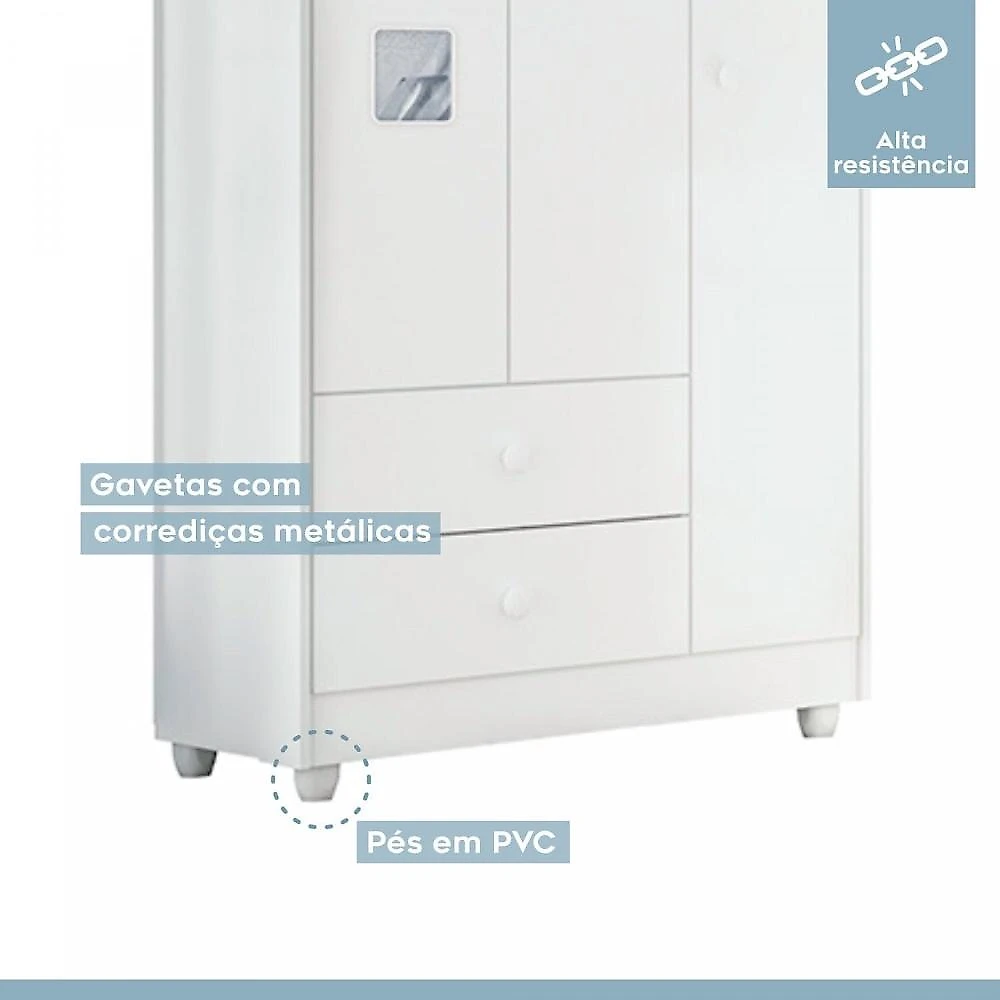 Quarto de Bebê 100% MDF com Mini Berço E Roupeiro Life 3 Portas Branco