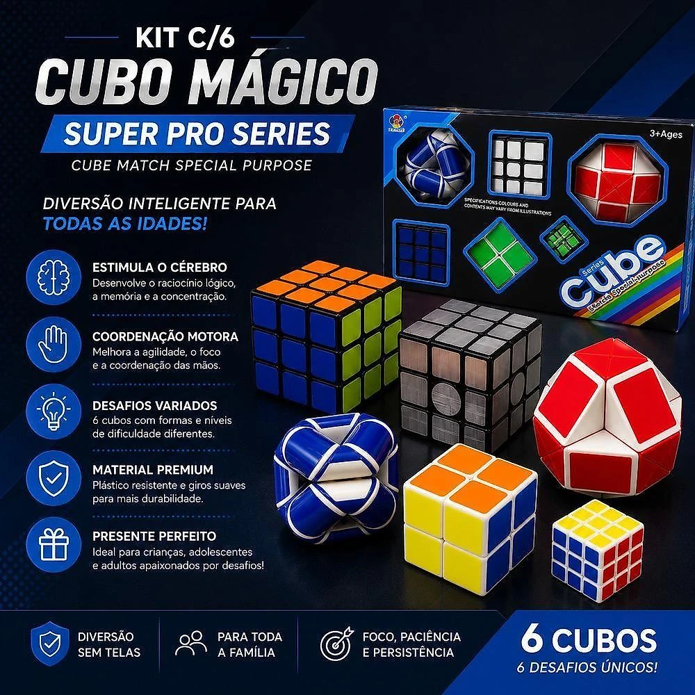 Kit Cubo Mágico Box 6 Cubos Raros Interativo Profissional Educativos Raciocinio Quebra Cabeca