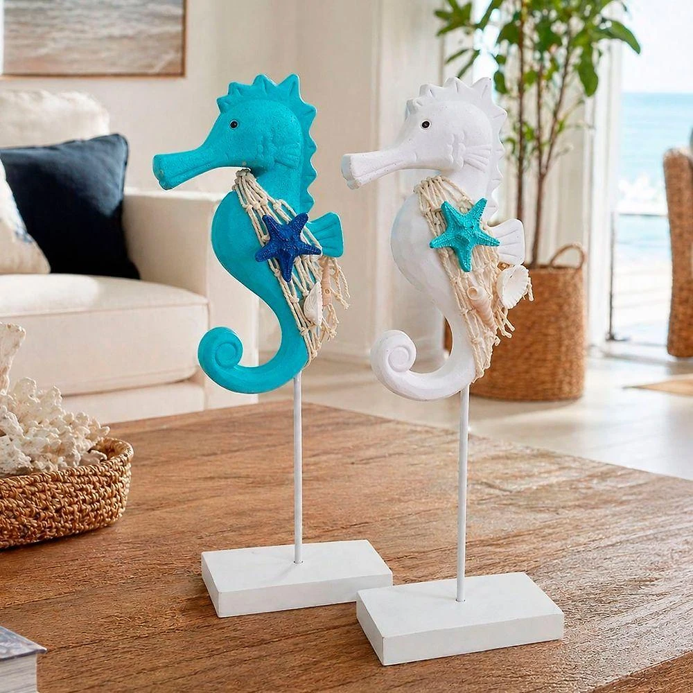 Kit 2 Enfeites Decorativos Cavalo Marinho Madeira 30cm Azul Turquesa e Branco