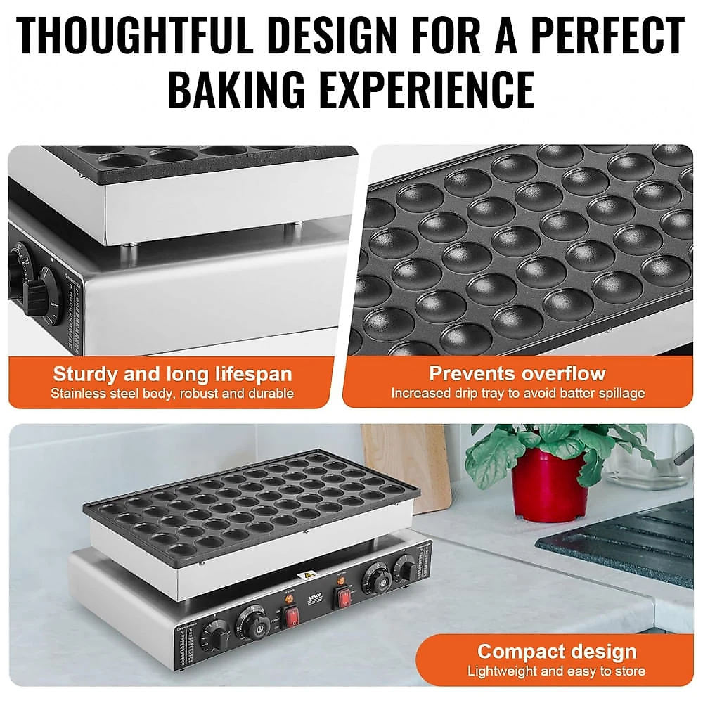 Máquina de Poffertjes Mini Panquecas VEVOR 50 Unidades 1700W Antiaderente Duplo Controle 110V